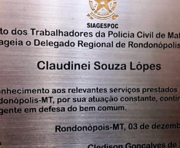 Delegado regional de Rondonópolis recebe homenagem do Siagespoc 